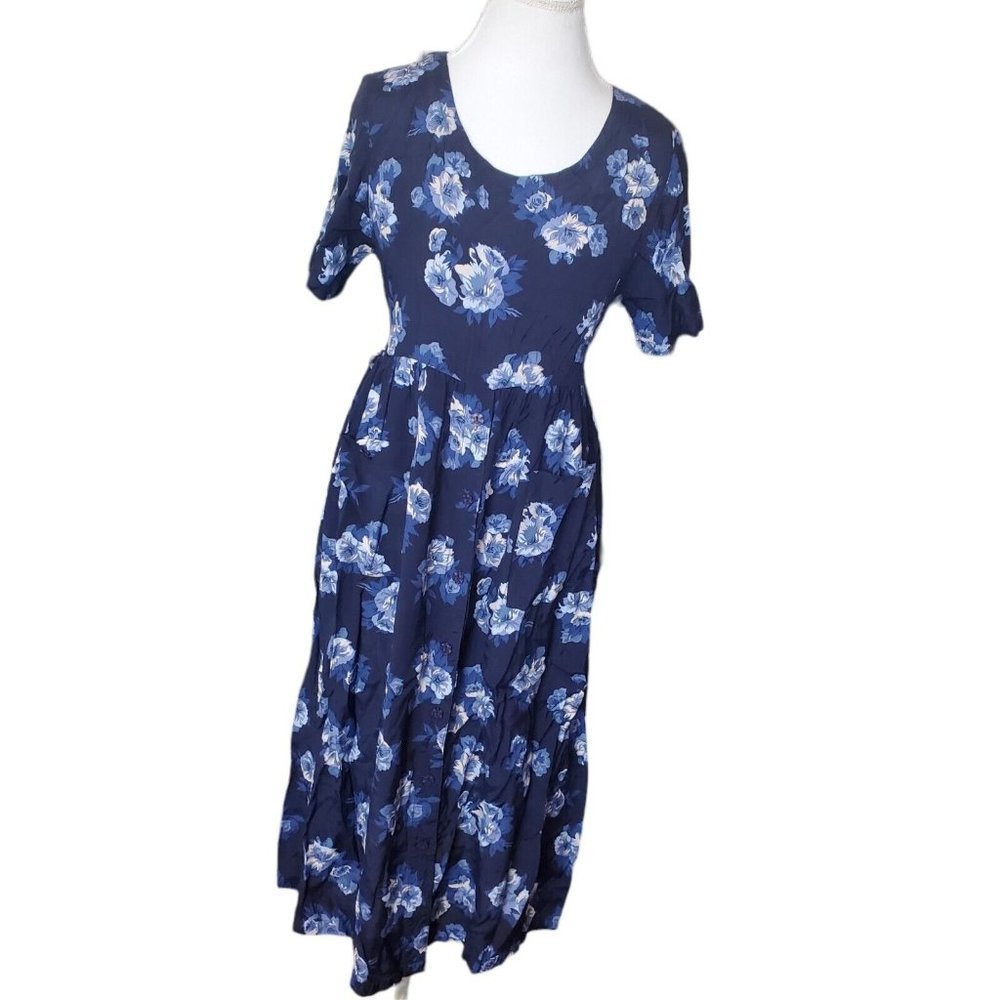 Vintage 90s Small Blue Floral Babydoll‎ Midi Dress Tieback Shortsleeve Button Up